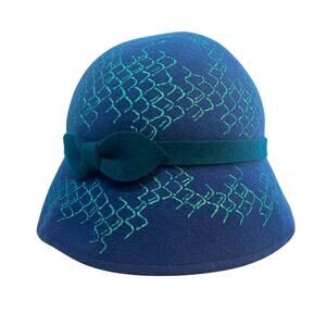 Vintage Megan Noel Keach Blue Felt Cloche Hat with Bow & Geometric Detail